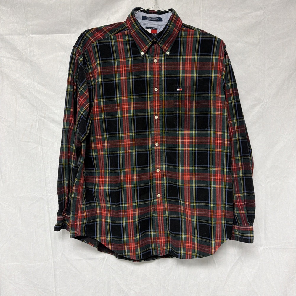 Tommy Hilfiger Shirt Mens L Flannel Red Multi Plaid‎ Holiday Christmas Outdoor